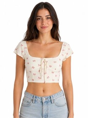 Forever 21 Cream Pink Bow Print Tie Front Crop Top Womens Medium Coquette Y2K